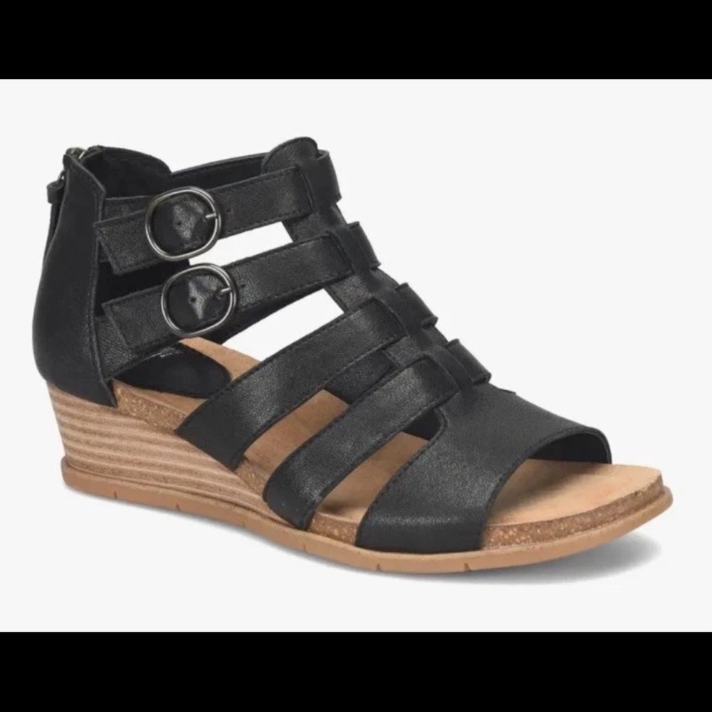 Sofft Black Strappy Buckle Wedge Sandals
